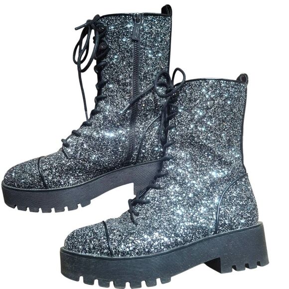 Michael Kors Silver Glitter Combat Boots Women’s 9 Platform Lug Sole Side Zip - Picture 2 of 9